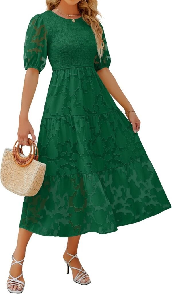 Connecteri Women's 2024 Summer Short Puff Sleeve Crewneck Smocked Floral Lace Flowy A Line Tiered Maxi Dresses