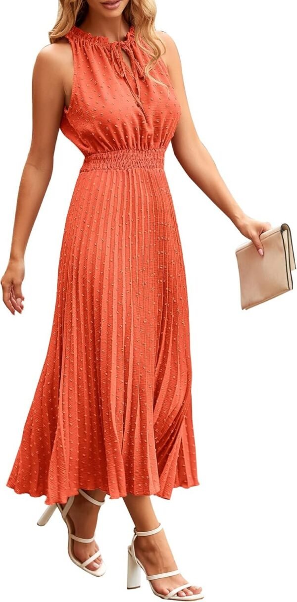 Connecteri?Womens Midi Summer V Neck Swiss Dot Ruffle Sleeveless A Line Beach Sun Dress