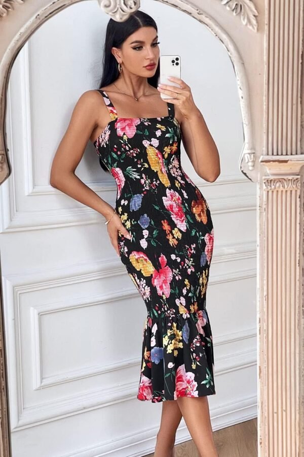 Connecteri Womens Sleeveless Strappy Ruffle Hem Smocked Bodycon Dress