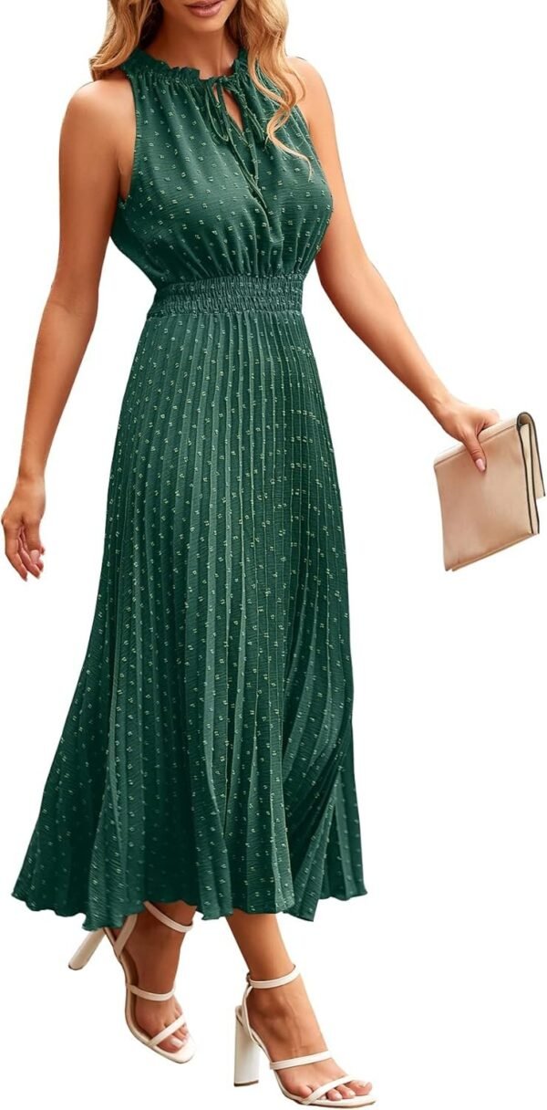 Connecteri?Womens Midi Summer V Neck Swiss Dot Ruffle Sleeveless A Line Beach Sun Dress