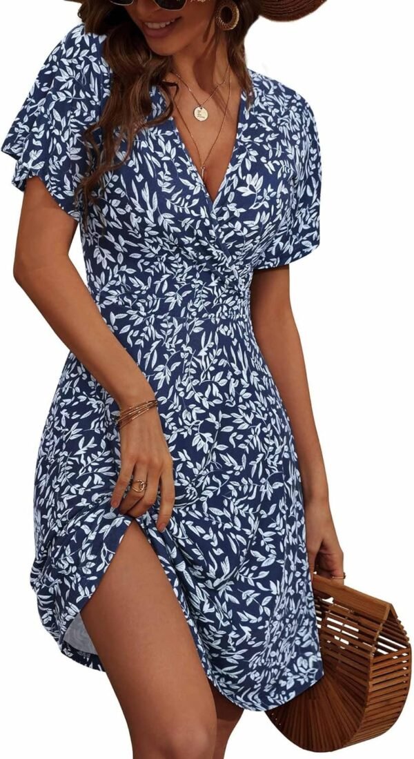 Connecteri  Womens Sundress Summer Floral Short Sleeve Wrap V Neck A-Line Midi Dress