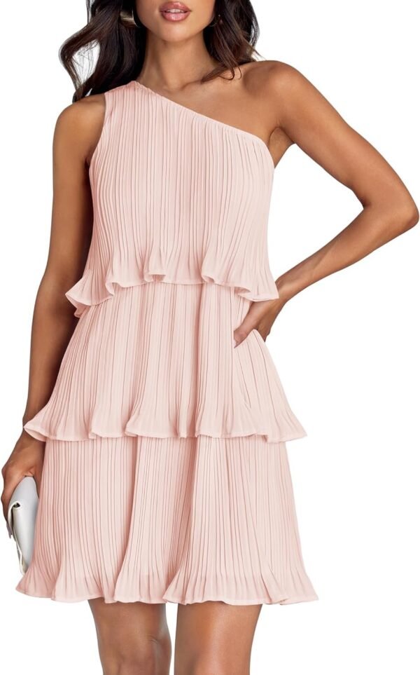 Connecteri Women's 2024 Summer Sleeveless Mini Dress Boho One Shoulder Ruffle Tiered Layered Chiffon Flowy A Line Dresses