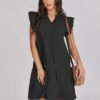 Connecteri  Womens Summer V-Neck Drawstring Ruffle Cap Short Sleeve Casual Shift Mini Dress with Pockets