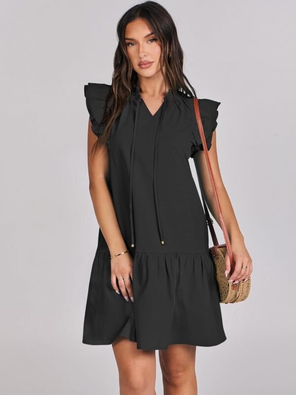 Connecteri  Womens Summer V-Neck Drawstring Ruffle Cap Short Sleeve Casual Shift Mini Dress with Pockets