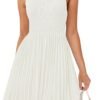 Connecteri Women's Summer Sleeveless Mini Dress 2024 Crewneck Knit A Line Pleated Swing Casual Basic Short Dress