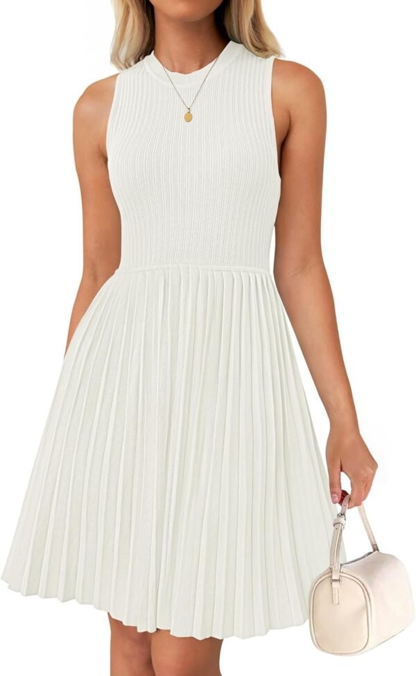 Connecteri Women's Summer Sleeveless Mini Dress 2024 Crewneck Knit A Line Pleated Swing Casual Basic Short Dress