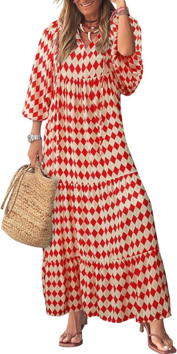 Connecteri  Womens Loose Fit Casual Summer V Neck Half Sleeve Bohemian Geometric Pattern Maxi Long Dresses