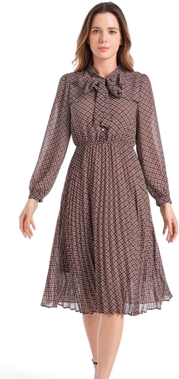 Connecteri  Work Dresses for Women 2023 Long Sleeves Chiffon Black Dress Retro Pleated Buttons Down Bow Tie Loose Causal Dresses