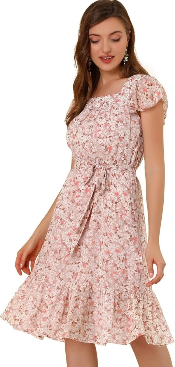 Connecteri  K Women's Floral Chiffon Flutter Sleeve Belted Square Neck Ruffled Hem Dress