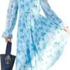 Connecteri  Women's Floral Midi Dress Puff Long Sleeve Casual Ruffle Chiffon A-Line Swing Pleated Belted Tea Party Dresses