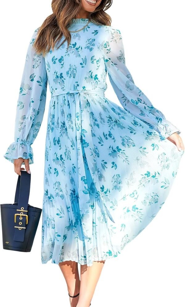 Connecteri  Women's Floral Midi Dress Puff Long Sleeve Casual Ruffle Chiffon A-Line Swing Pleated Belted Tea Party Dresses