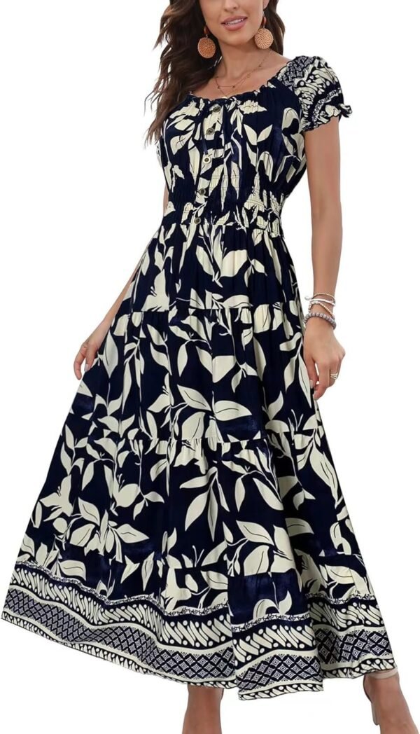 Connecteri  Women's 2024 Summer Short Sleeves Boho Floral Print Tiered Casual Flowy Long Maxi Dress