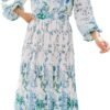 Connecteri  Women's Floral Midi Dress Puff Long Sleeve Casual Ruffle Chiffon A-Line Swing Pleated Belted Tea Party Dresses
