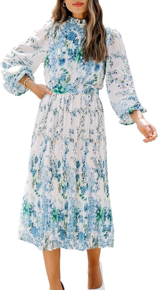 Connecteri  Women's Floral Midi Dress Puff Long Sleeve Casual Ruffle Chiffon A-Line Swing Pleated Belted Tea Party Dresses