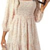 Connecteri  Womens Summer Dresses 2024 Boho Floral Square Neck Smocked 3/4 Sleeve Casual A-Line Swing Mini Babydoll Dress