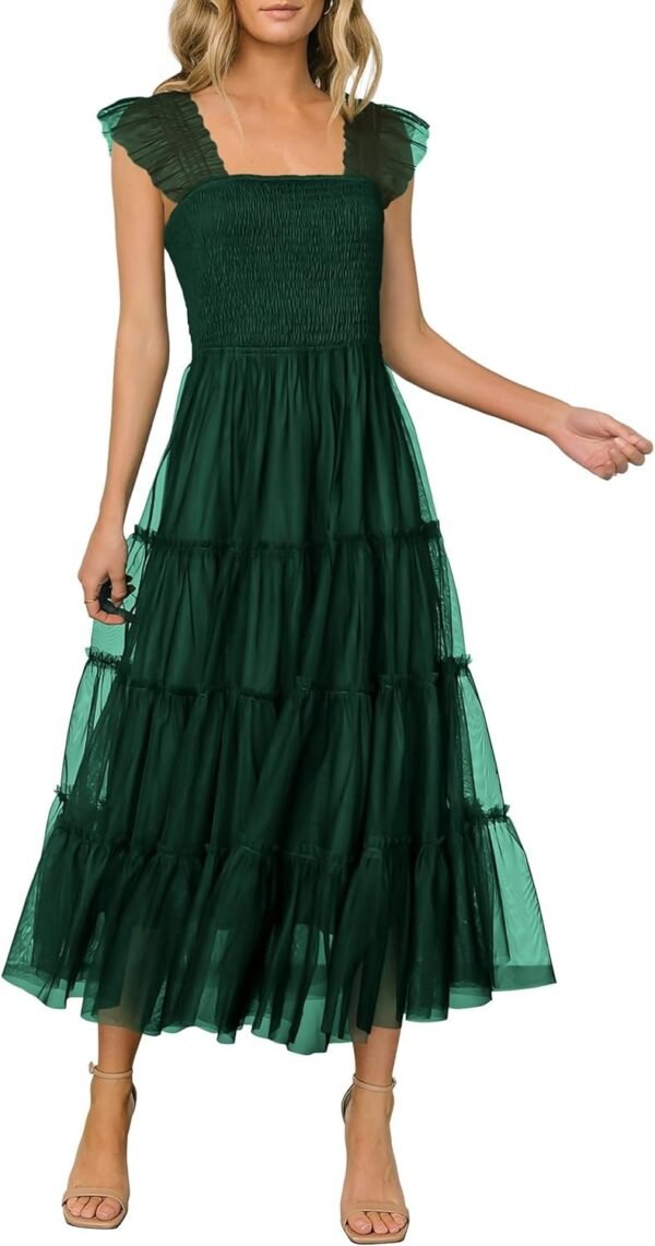 Connecteri?Womens 2024 Summer Casual Sleeveless Smocked Ruffle Tulle Flowy Beach Sundress