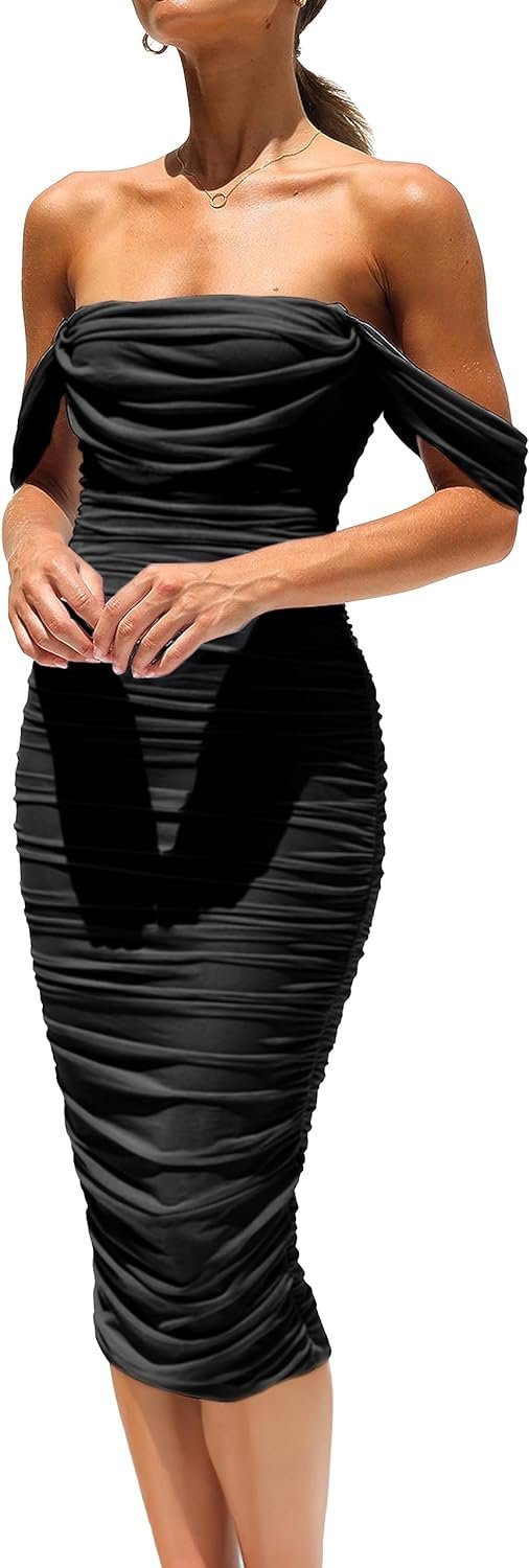 Connecteri?Womens Summer Off The Shoulder Ruched Bodycon Dresses Sleeveless Fitted Party Club Midi