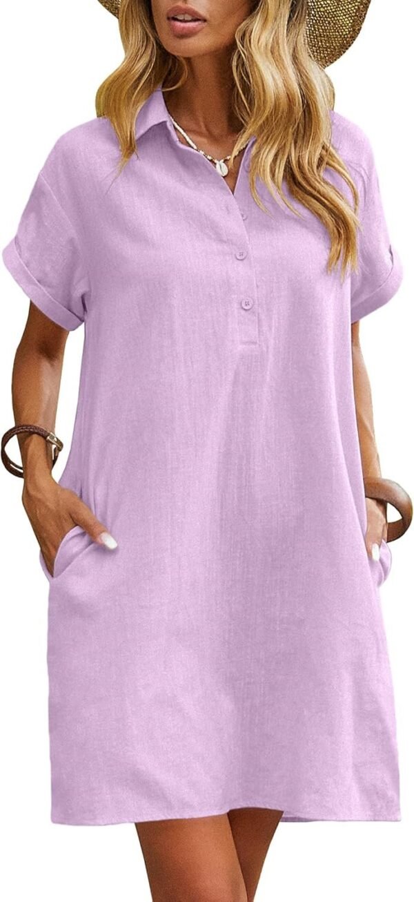 Connecteri  Womens Cotton Shirt Dress Summer Casual Short Sleeve Button Down Beach Cover Up Shirts with Pockets