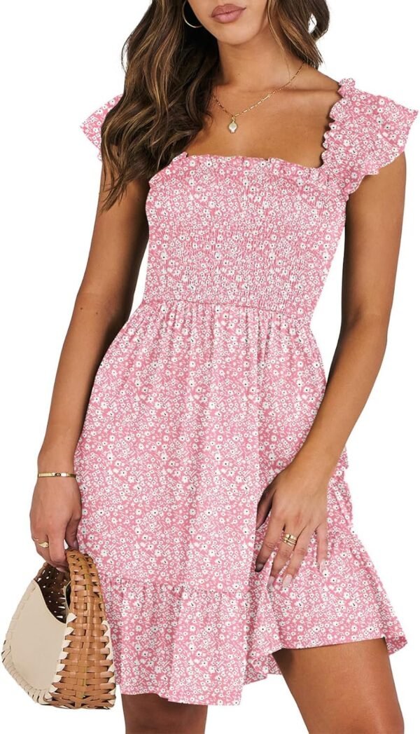 Connecteri  Womens Summer Casual Sleeveless Square Neck Smocked Ruffle Backless Boho Mini Dress 2024 Trendy Short Sundress