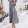 Connecteri  Women's Striped Linen Midi Dress Elegant Square Neck Ruffle Cap Sleeves Maternity Dress 2024 Summer Beach Dress
