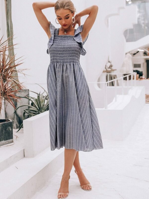 Connecteri  Women's Striped Linen Midi Dress Elegant Square Neck Ruffle Cap Sleeves Maternity Dress 2024 Summer Beach Dress
