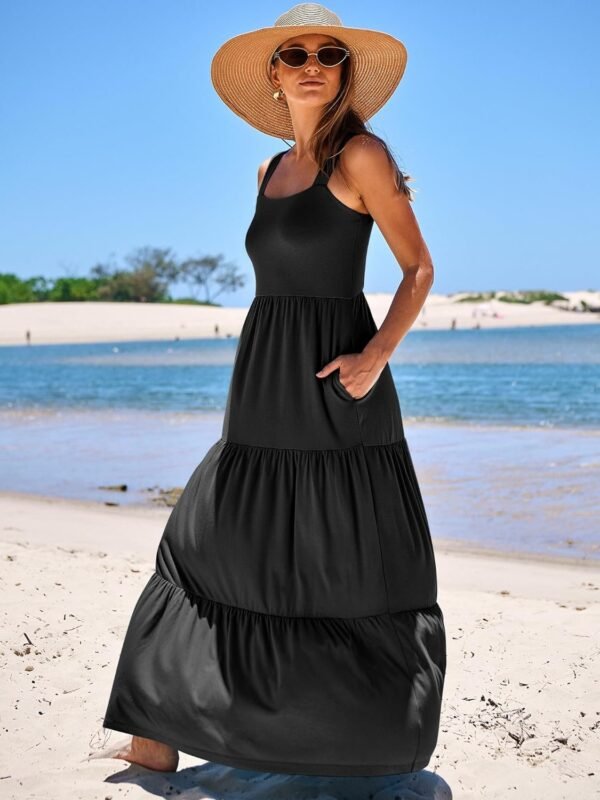 Connecteri  Women's Summer Casual Long Maxi Beach Vacation Dresses Sleeveless Square Neck Flowy Tiered Sun Dress with Pockets