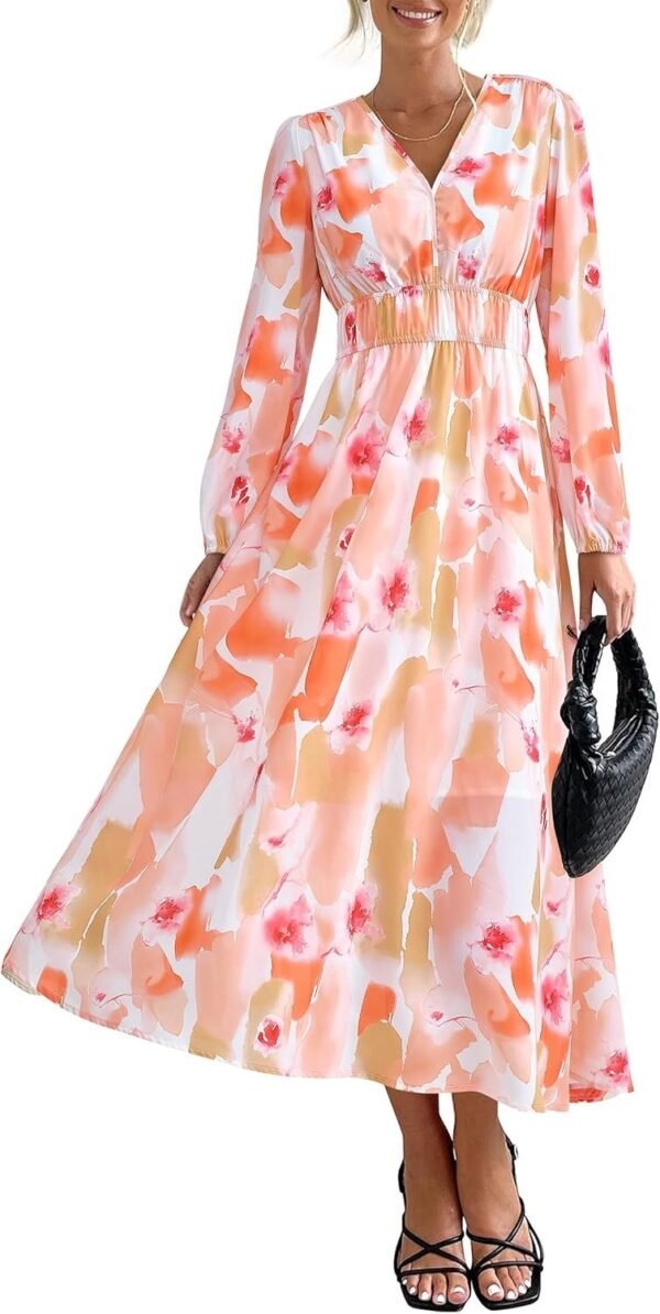 Connecteri  Women's 2024 Fall Boho Maxi Dress Casual Long Sleeve V Neck Printed Beach Long Flowy Dresses