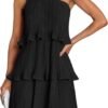 Connecteri Women's 2024 Summer Sleeveless Mini Dress Boho One Shoulder Ruffle Tiered Layered Chiffon Flowy A Line Dresses