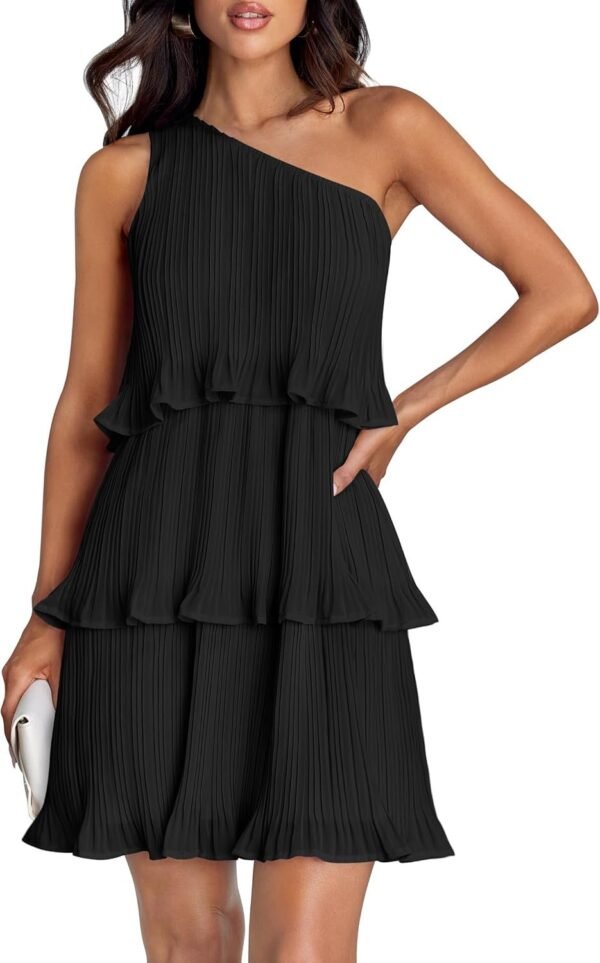 Connecteri Women's 2024 Summer Sleeveless Mini Dress Boho One Shoulder Ruffle Tiered Layered Chiffon Flowy A Line Dresses