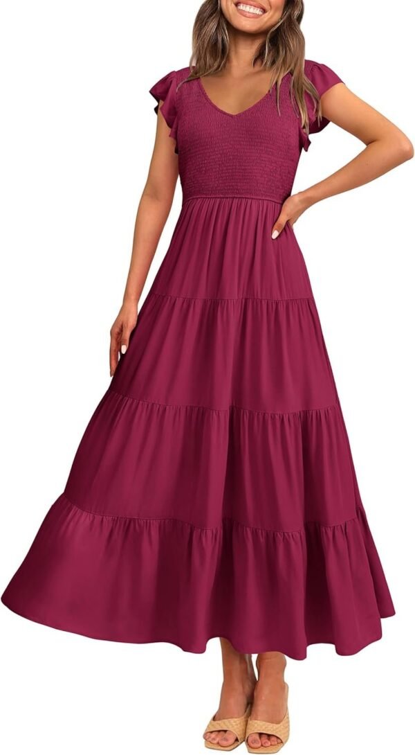 Connecteri  Womens Cap Sleeve V Neck Smocked Beach Sundress