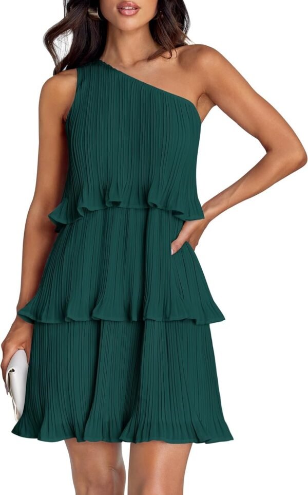 Connecteri Women's 2024 Summer Sleeveless Mini Dress Boho One Shoulder Ruffle Tiered Layered Chiffon Flowy A Line Dresses