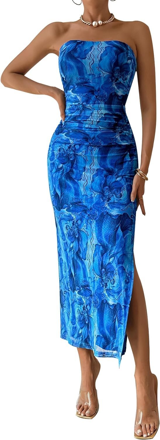 Connecteri  Women's Summer Maxi Bodycon Dresses Strapless Tube Top Printed Long Party Club Slit Dress
