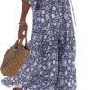 Connecteri  Womens Loose Fit Casual Summer V Neck Half Sleeve Bohemian Geometric Pattern Maxi Long Dresses