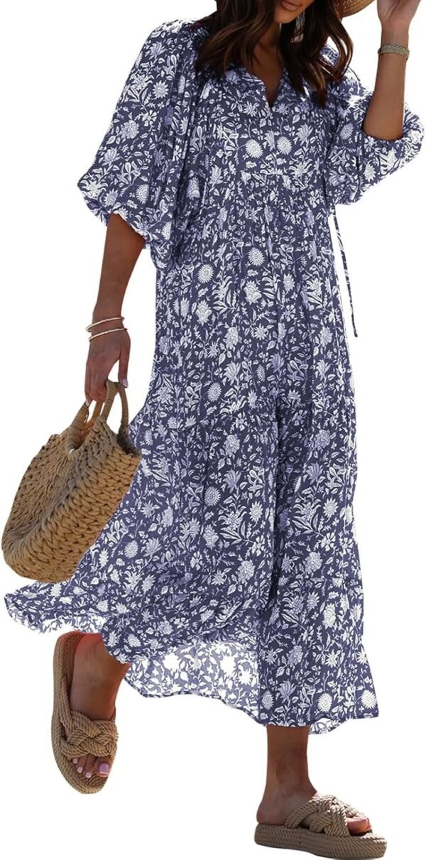 Connecteri  Womens Loose Fit Casual Summer V Neck Half Sleeve Bohemian Geometric Pattern Maxi Long Dresses