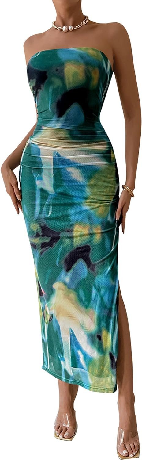 Connecteri  Women's Summer Maxi Bodycon Dresses Strapless Tube Top Printed Long Party Club Slit Dress
