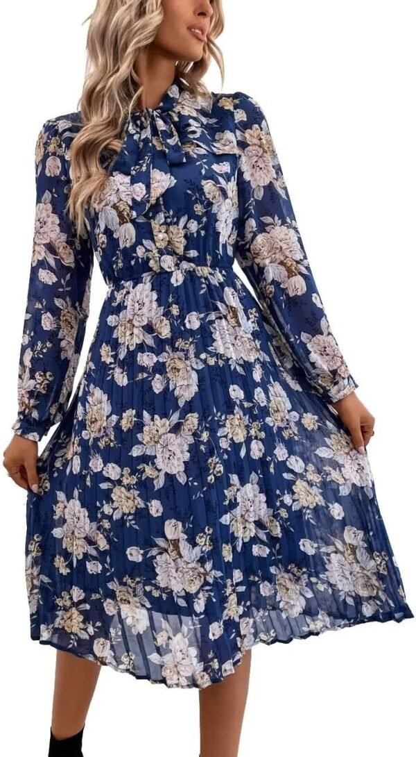 Connecteri  Work Dresses for Women 2023 Long Sleeves Chiffon Black Dress Retro Pleated Buttons Down Bow Tie Loose Causal Dresses