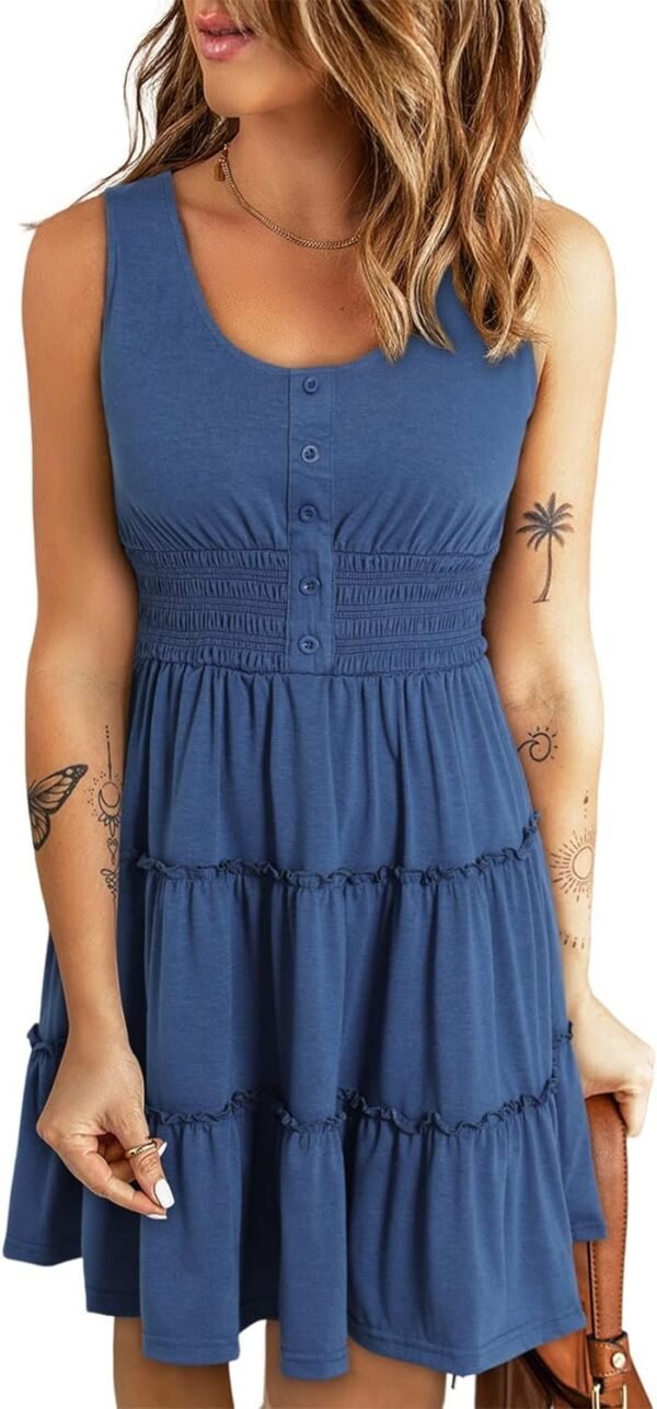 Connecteri  Womens Summer Dresses 2024 Sleeveless Button Down Smocked Elastic Waist Ruffle Tiered Casual Swing Mini Dress