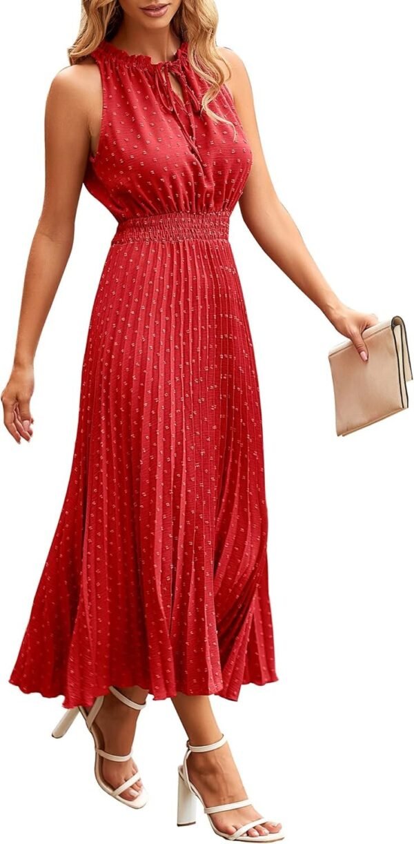 Connecteri?Womens Midi Summer V Neck Swiss Dot Ruffle Sleeveless A Line Beach Sun Dress