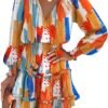 Connecteri  Womens Summer Dresses 2024 Boho Floral Drawstring V Neck Smocked Long Sleeve Ruffle Tiered Chiffon Mini Short Dress