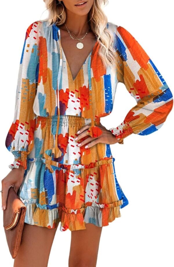 Connecteri  Womens Summer Dresses 2024 Boho Floral Drawstring V Neck Smocked Long Sleeve Ruffle Tiered Chiffon Mini Short Dress