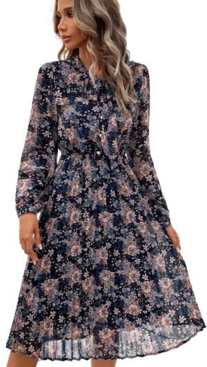 Connecteri  Work Dresses for Women 2023 Long Sleeves Chiffon Black Dress Retro Pleated Buttons Down Bow Tie Loose Causal Dresses