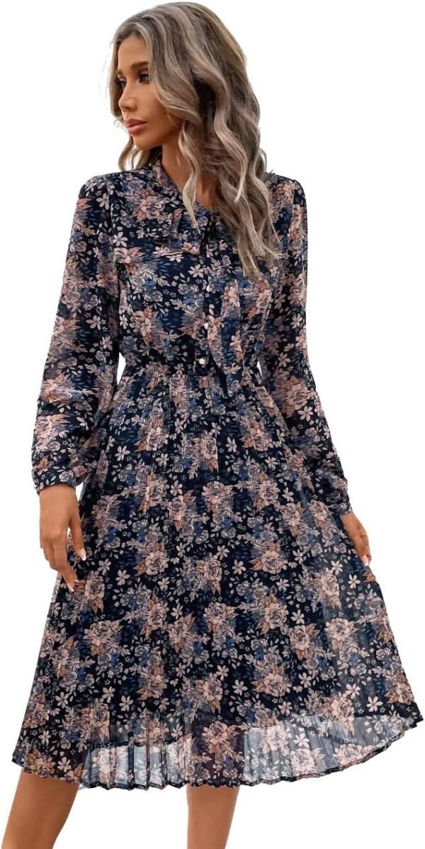 Connecteri  Work Dresses for Women 2023 Long Sleeves Chiffon Black Dress Retro Pleated Buttons Down Bow Tie Loose Causal Dresses