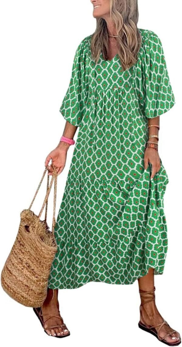 Connecteri  Womens Loose Fit Casual Summer V Neck Half Sleeve Bohemian Geometric Pattern Maxi Long Dresses
