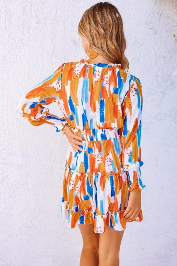 Connecteri  Womens Summer Dresses 2024 Boho Floral Drawstring V Neck Smocked Long Sleeve Ruffle Tiered Chiffon Mini Short Dress