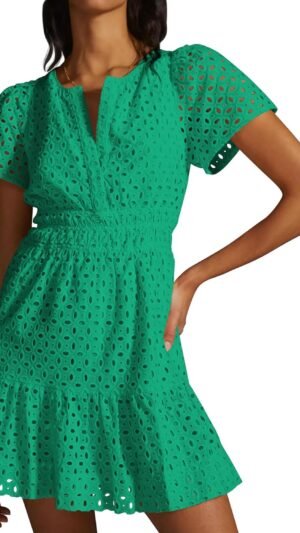 Connecteri  Womens 2024 Summer Short Dress V Neck Short Sleeve A Line Hollow Out Lace Ruffle Cute Casual Beach Party Dresses