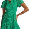 Connecteri  Womens 2024 Summer Short Dress V Neck Short Sleeve A Line Hollow Out Lace Ruffle Cute Casual Beach Party Dresses