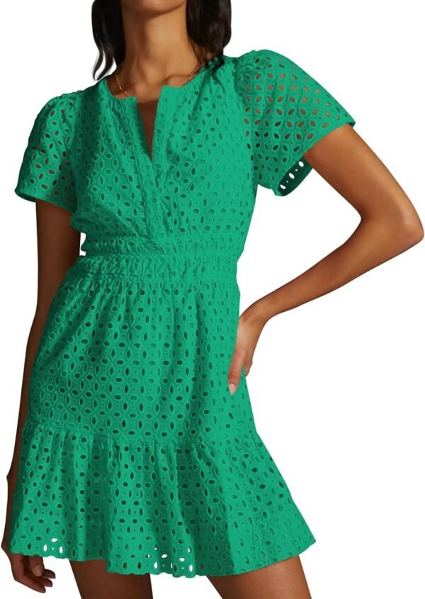 Connecteri  Womens 2024 Summer Short Dress V Neck Short Sleeve A Line Hollow Out Lace Ruffle Cute Casual Beach Party Dresses