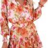 Connecteri  Womens Summer Dresses 2024 Boho Floral Drawstring V Neck Smocked Long Sleeve Ruffle Tiered Chiffon Mini Short Dress