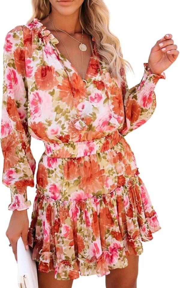 Connecteri  Womens Summer Dresses 2024 Boho Floral Drawstring V Neck Smocked Long Sleeve Ruffle Tiered Chiffon Mini Short Dress