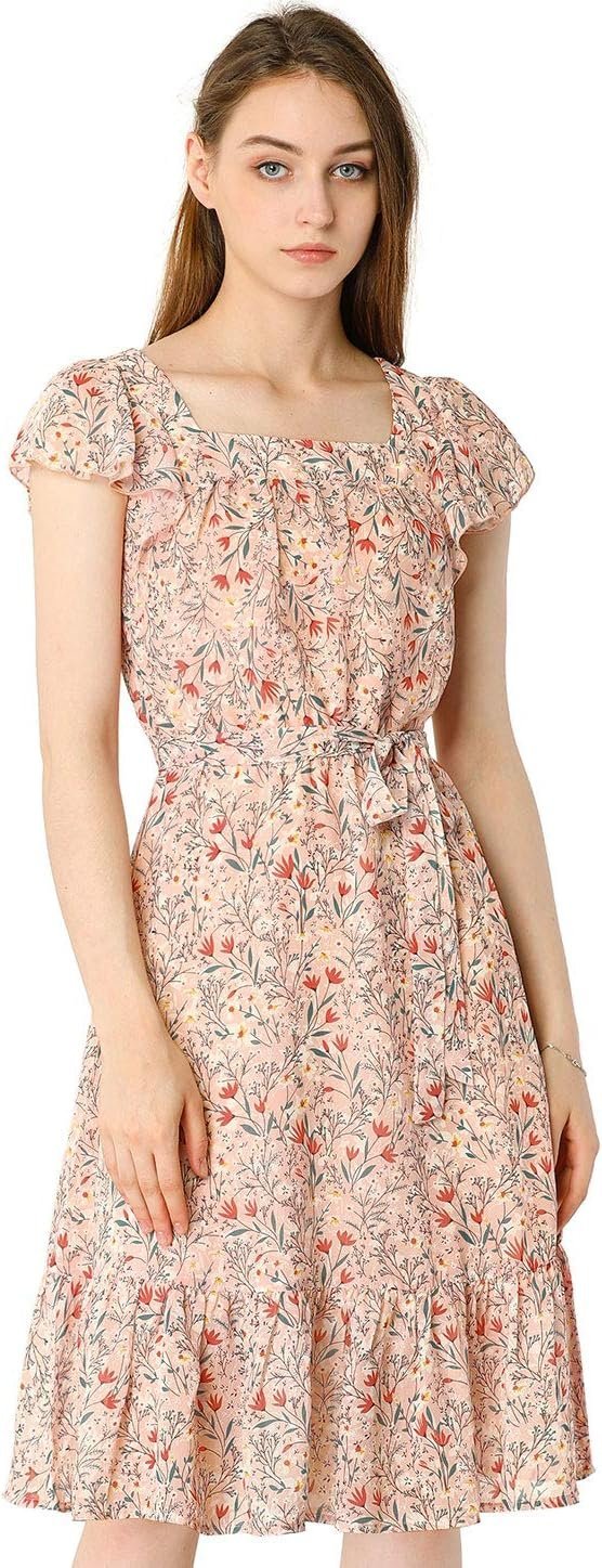 Connecteri  K Women's Floral Chiffon Flutter Sleeve Belted Square Neck Ruffled Hem Dress